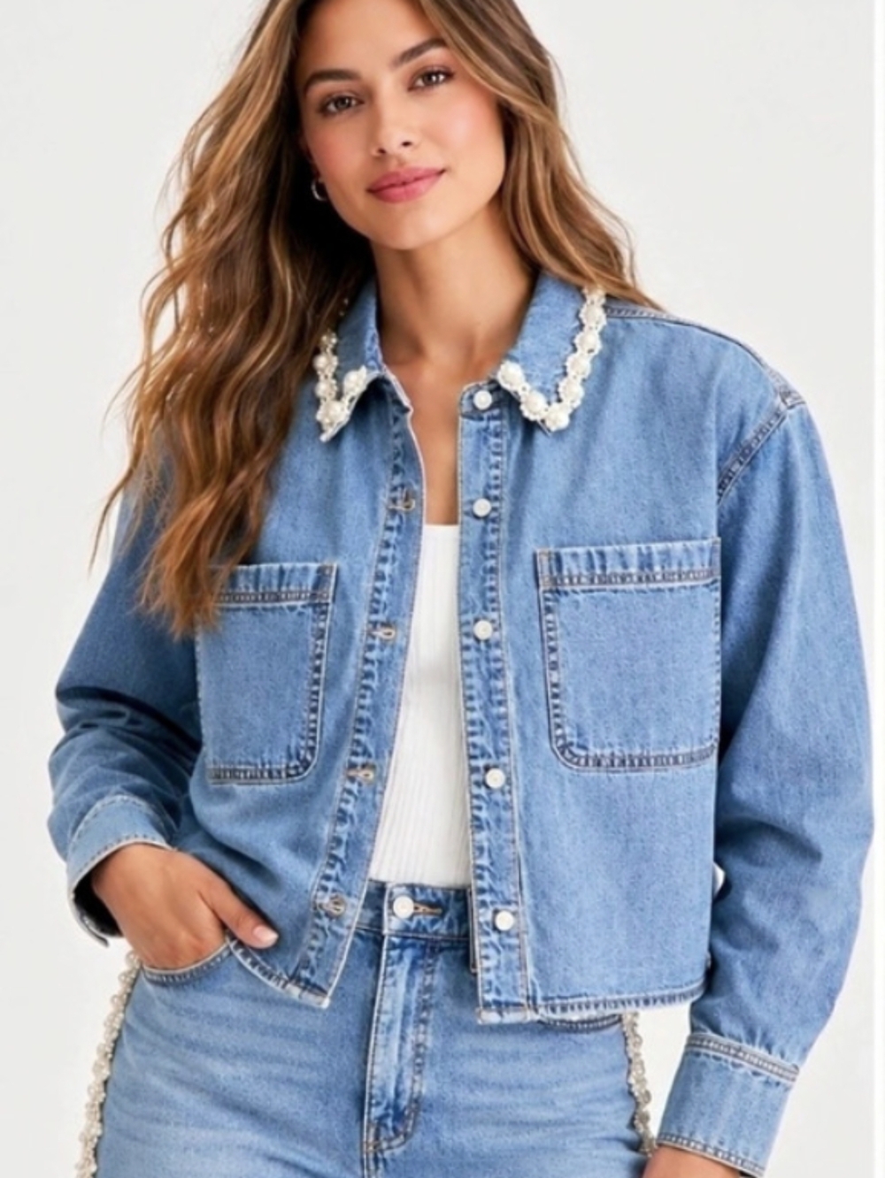 ON 34 Blue Pearl-Trim Wide Leg Jeans & Matching Jacket